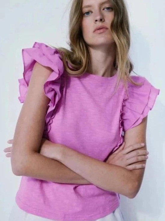Melissa Tops - Melissa Nepton Marbella Pink Ruffle Sleeve Top Small 100% Cotton